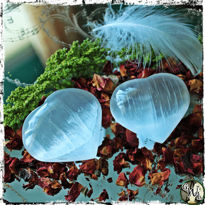 Selenite Crystal Heart Palm Stone, Meditation Stone, Green Witch Living