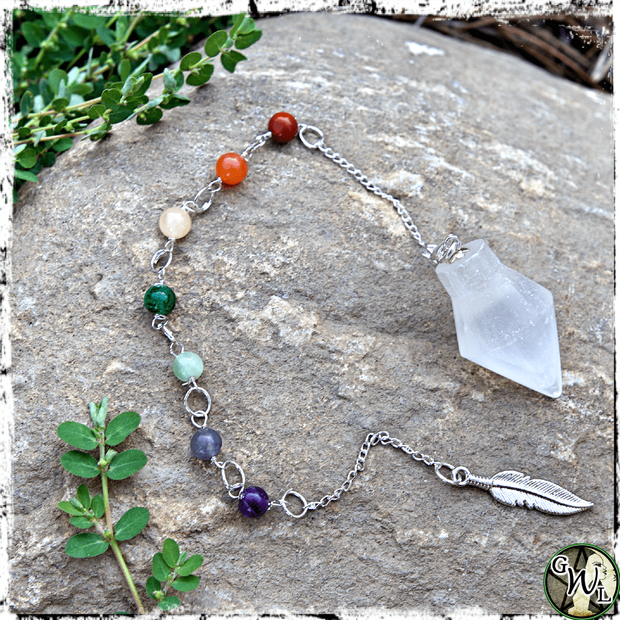 Selenite Pendulum and Bracelet, 7 Chakra Beads, Divination, Green Witch Living