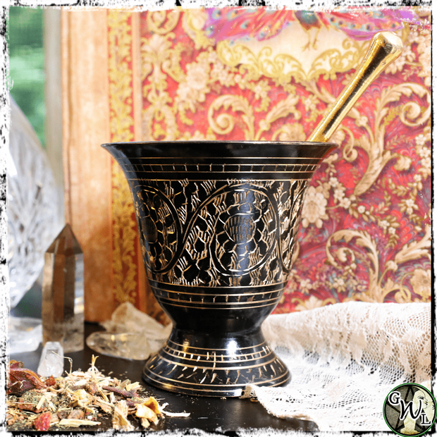 Black Brass Mortar and Pestle Set for Incense, Resins, and Herbs, Green Witch Living