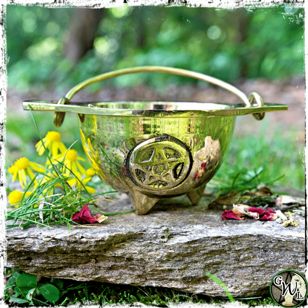 Pentagram Brass Cauldron for herbs, resins, spices, Green Witch Living