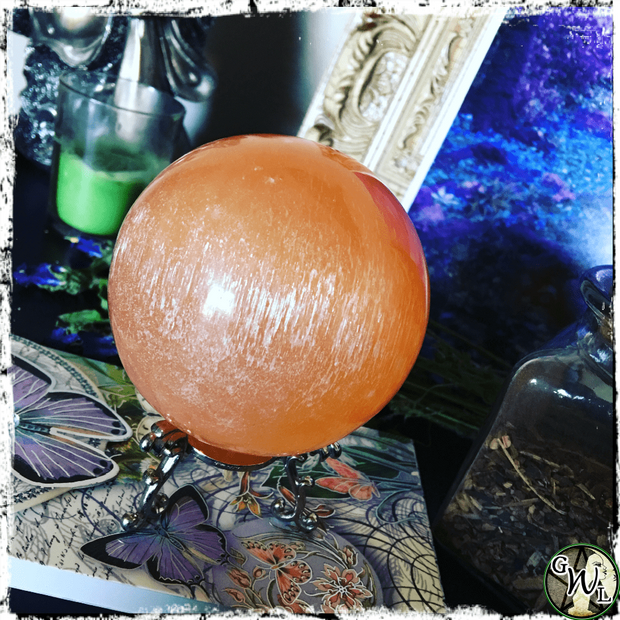 Orange Selenite Crystal Ball, Sphere, Green Witch Living