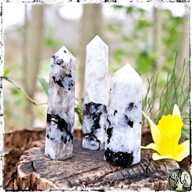 Rainbow Moonstone Crystal Obelisk, Tower, Generator, Altar Decor, Green Witch Living