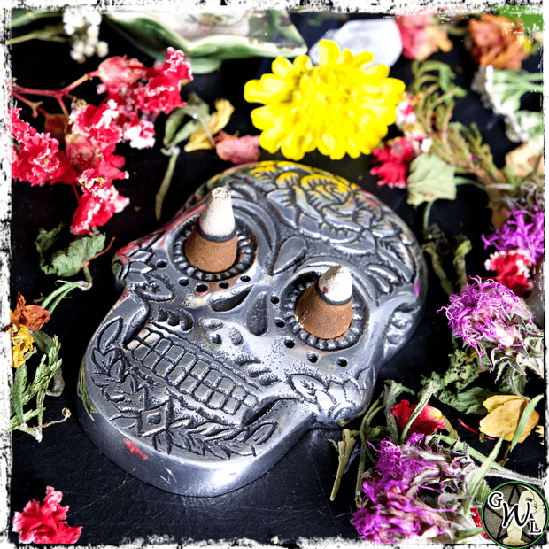 Skull Cone Incense Burner, Holder, Day of the Dead Decor, Green Witch Living